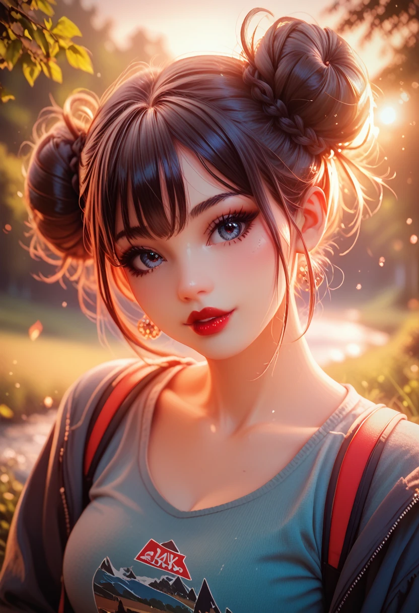 portrait photo of JoSkriver beautiful woman hair , double bun,  hiking trail in zions national park, full red lips, (masterpiece) (best quality) (detailed) (8k) (HDR) (wallpaper) (cinematic lighting) (sharp focus) (intricate)