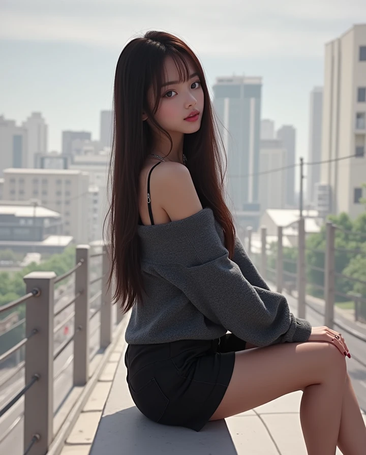 a masterpiece of、Top image quality、1人の女性、Beautiful woman sitting on the stairs、legs slightly open、Detailed facial expressions、Detailed eye、Detailed nose、Detailed lips、hugetits、Female proportions considered everywhere、Skyscraper District、Sunset between buildings、Large circular earrings、Emphasis on beautiful legs、from side