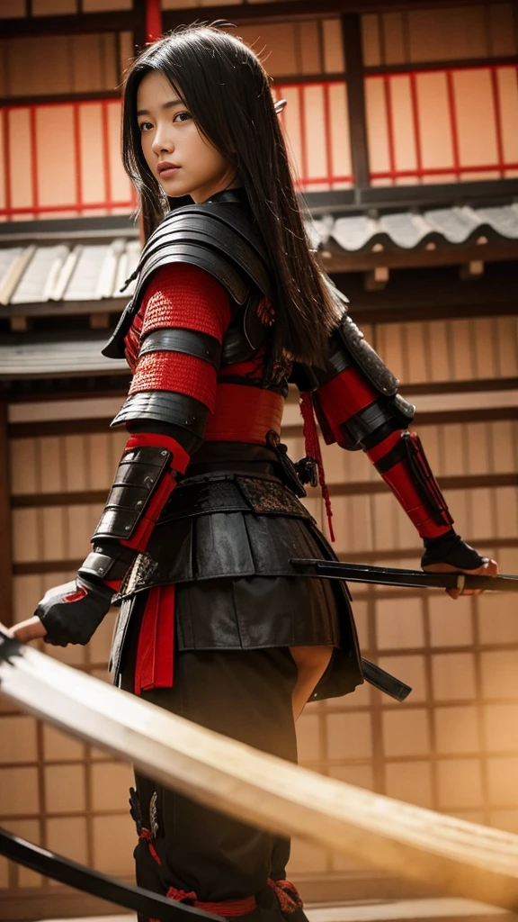 A beautiful chinese women warrior, weapon, 1girl, red full armor, sword, black_hair, bun hairstyle, holding, dual_wielding, solo_focus, holding_weapon, holding_sword, old chinese background, brown_eyes, view from behind
