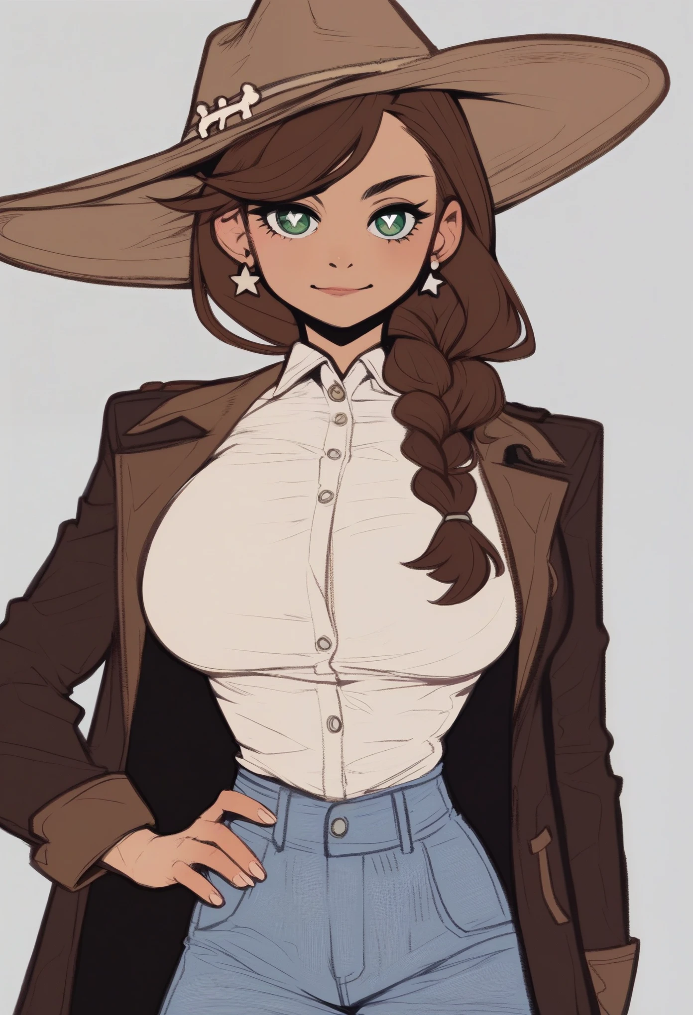 score_9, score_8_up, score_7_up, score_6_up, score_5_up, score_4_up, score bone nig,1girl, brown hair in braid over shoulder, green eyes, star shaped white pupils, brown fedora, brown waist coat and white shirt, light blue pants, cowboy boots, blue earrings, tipping hat, one hand on hip, swept bangs, huge breasts, warm shadows, realistic anatomy
