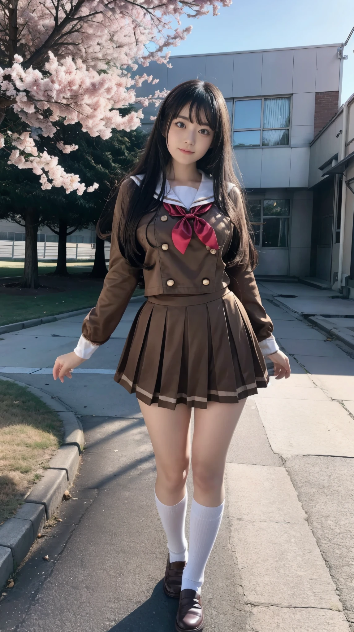 ((Masterpiece(1.3)、Best Quality、Highest quality(8k)、Ultra-high resolution、Extremely detailed))、Japanese、beautiful girl、High school girls、Idol、Golden ratio body shape、E Cup、Narrow waist、Firm Hips、Sailor suit、mini skirt、Knee-high socks、Brown Loafers、Tree-lined street in front of the school in early spring、