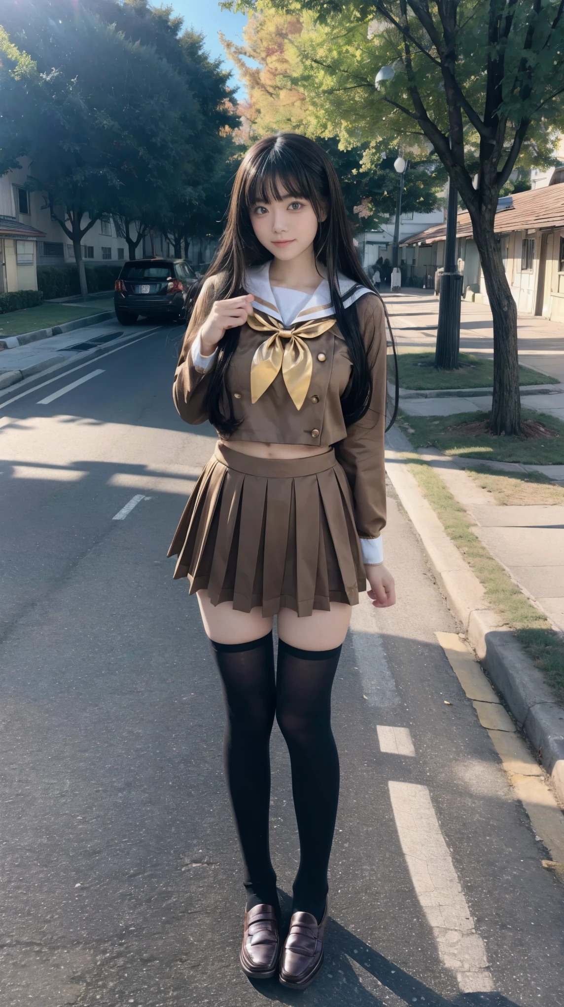 ((Masterpiece(1.3)、Best Quality、Highest quality(8k)、Ultra-high resolution、Extremely detailed))、Japanese、beautiful girl、High school girls、Idol、Golden ratio body shape、E Cup、Narrow waist、Firm Hips、Sailor suit、mini skirt、Knee-high socks、Brown Loafers、Tree-lined street in front of the school in early spring、