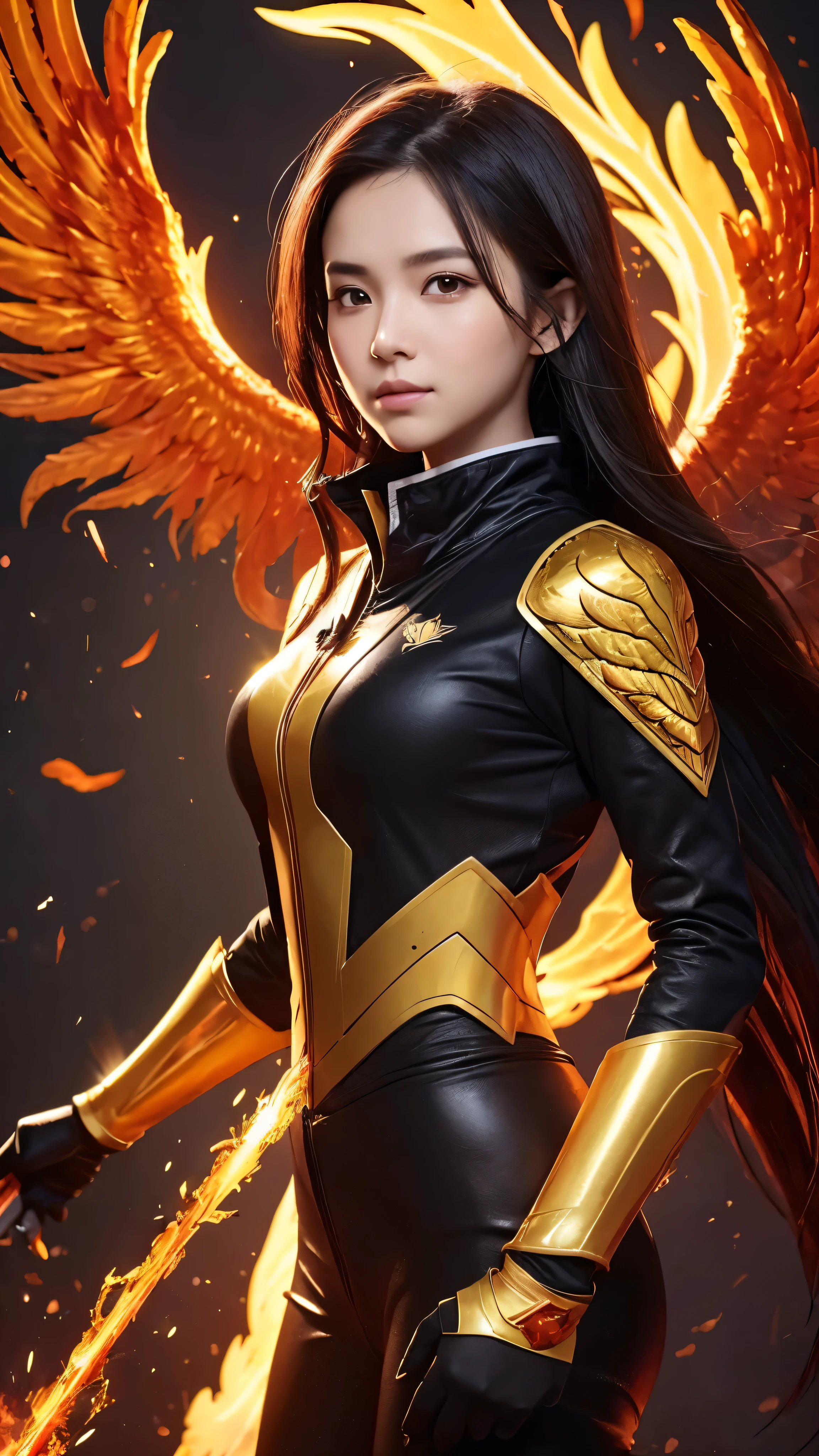 A closeup of a woman,There is fire and flame on the body, with fiery golden wings of flame, with fiery golden wings, Epic fantasy art style, concept-art | Art germ, phoenix warrior, Extremely detailed Artgerm, Epic fantasy digital art style, female lord of change, full portrait of elementalist, epic exquisite character art