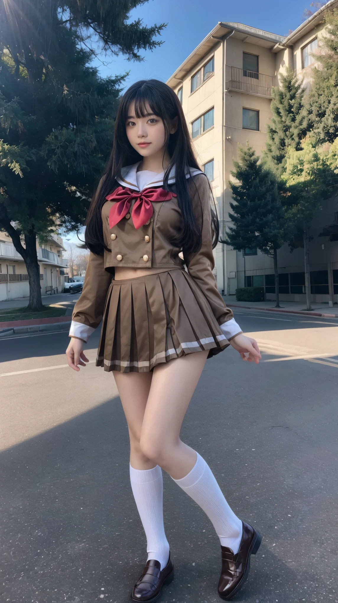 ((Masterpiece(1.3)、Best Quality、Highest quality(8k)、Ultra-high resolution、Extremely detailed))、Japanese、beautiful girl、High school girls、Idol、Golden ratio body shape、E Cup、Narrow waist、Firm Hips、Sailor suit、mini skirt、Knee-high socks、Brown Loafers、Tree-lined street in front of the school in early spring、