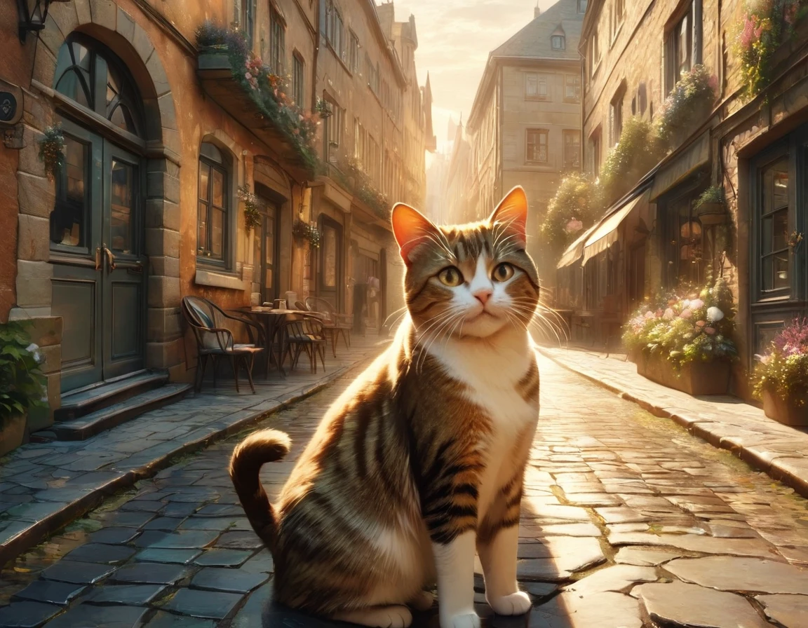 ((Best quality)), ((Excellent)), (Details), 8k, "A woman exploring a charming European city, with a cat following closely behind, wearing casual travel clothes, narrow cobblestone streets, old brick buildings with flower-filled balconies, a small café on the corner, golden hour lighting, atmospheric scene, realistic textures, romantic and cozy vibe", conceptual art, jpeg artifacts, first person perspective, close up of cat, ultra high resolution, anatomically correct, attention to detail, highly detailed