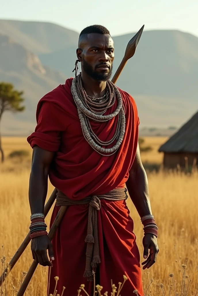 African warrior man, dressed like a warrior, your clothes are blue, he puts up a sword and is very serious 