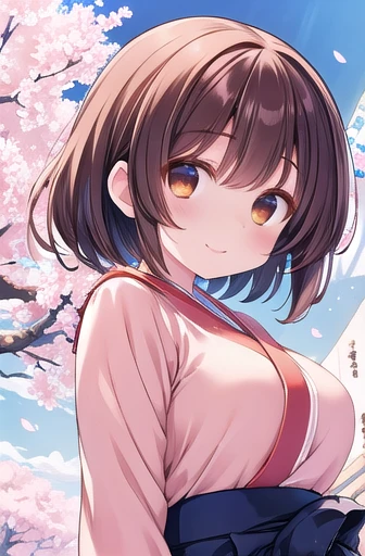 masterpiece, (Best Quality:1.4), Best illustrations, Best Shadow, (Beautiful details:1.4), In detail, (Dramatic Light:0.9), High resolution, [Ray Tracing, intricate details, cherry blossoms, cherry blossoms, (漂うcherry blossoms), blue sky, White Clouds, One girl, Alone, break, (Hiryuu-chan:1.22), Cowboy Shot, smile, Short Hair, (One side up), Large Breasts (wind:1.33), Hakama Short Skirt, Hakama skirt, mini skirt, (orange) kimono, Put your hands on your head, perspective, Brown Hair, Brown eyes, View your viewers, 