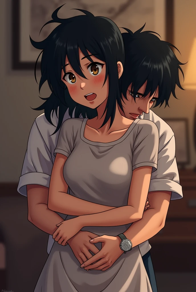 score_9, score_8_up, score_7_up, source_anime, 1boy, 1girl, mature female, mother naked and son, ???, hug kiss, smile, hand on head, kneeling, grab 