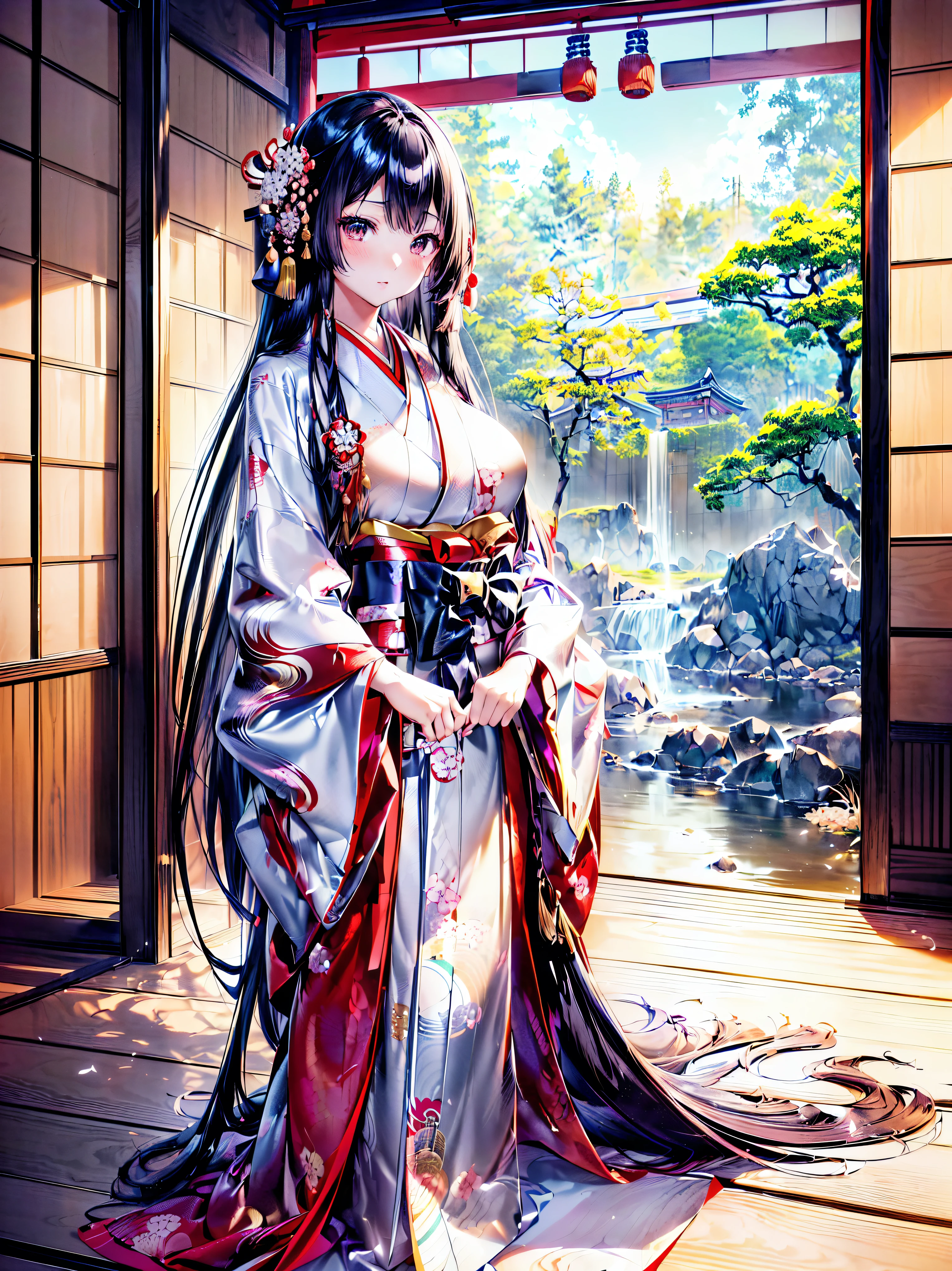 (solo japanese girl:1.3), (Straight long hair, Shiny and glossy black hair:1.3), traditional Japanese clothing, Traditional Japanese Kimono, (layered kimono), Hakama, (((worn kimono over another kimono))), Floating Fabric, indoor, Plank floor, (huge breasts), from front, cowboy shot, (((ultra detailed))), (((ultra resolution))), (((best quality))) (moe animation art style:1.5), 