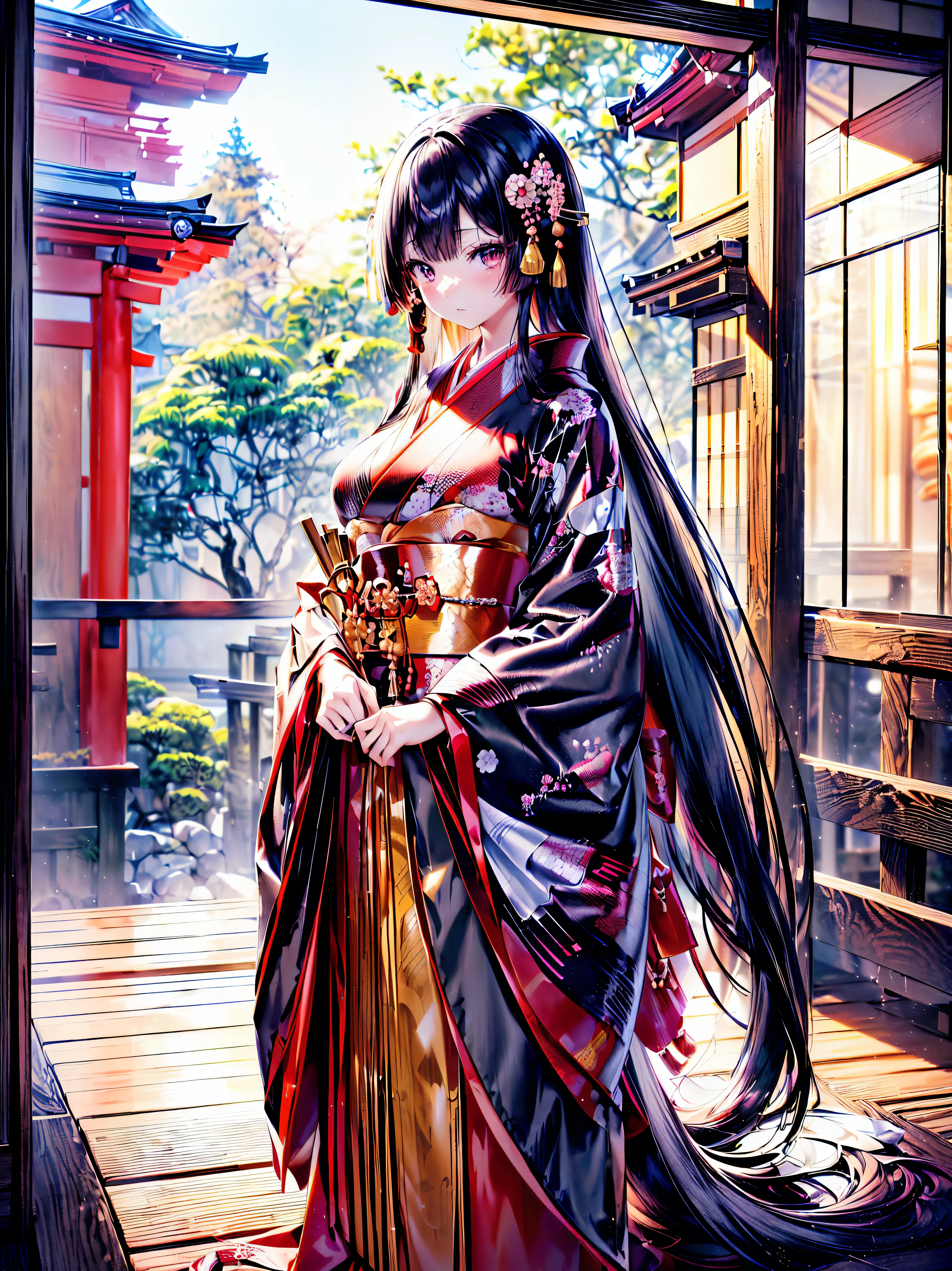 (solo japanese girl:1.3), (Straight long hair, Shiny and glossy black hair:1.3), traditional Japanese clothing, Traditional Japanese Kimono, (layered kimono), Hakama, (((worn kimono over another kimono))), Floating Fabric, indoor, Plank floor, (huge breasts), from front, cowboy shot, (((ultra detailed))), (((ultra resolution))), (((best quality))) (moe animation art style:1.5), 