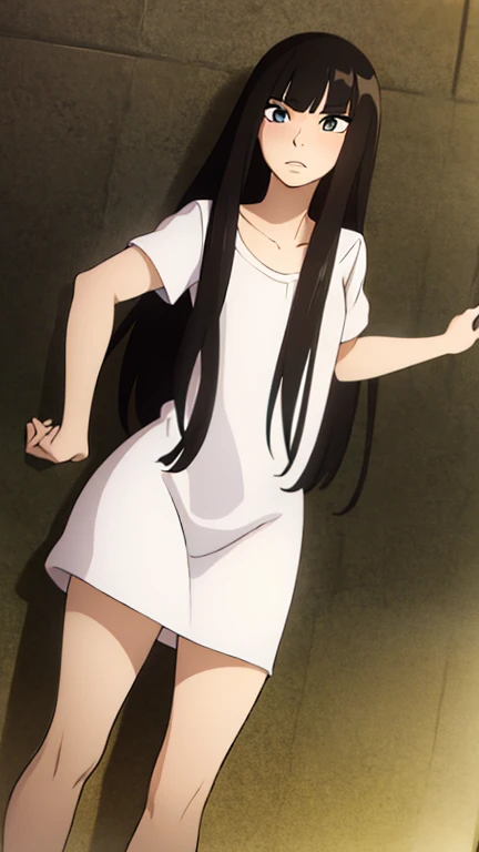 nsfw, Not wearing underwear、Flat Chest、Lift up the skirt、A white dress that shines through the light、Long, straight black hair with trimmed bangs、、滴る pussy juice, whole body、garden
