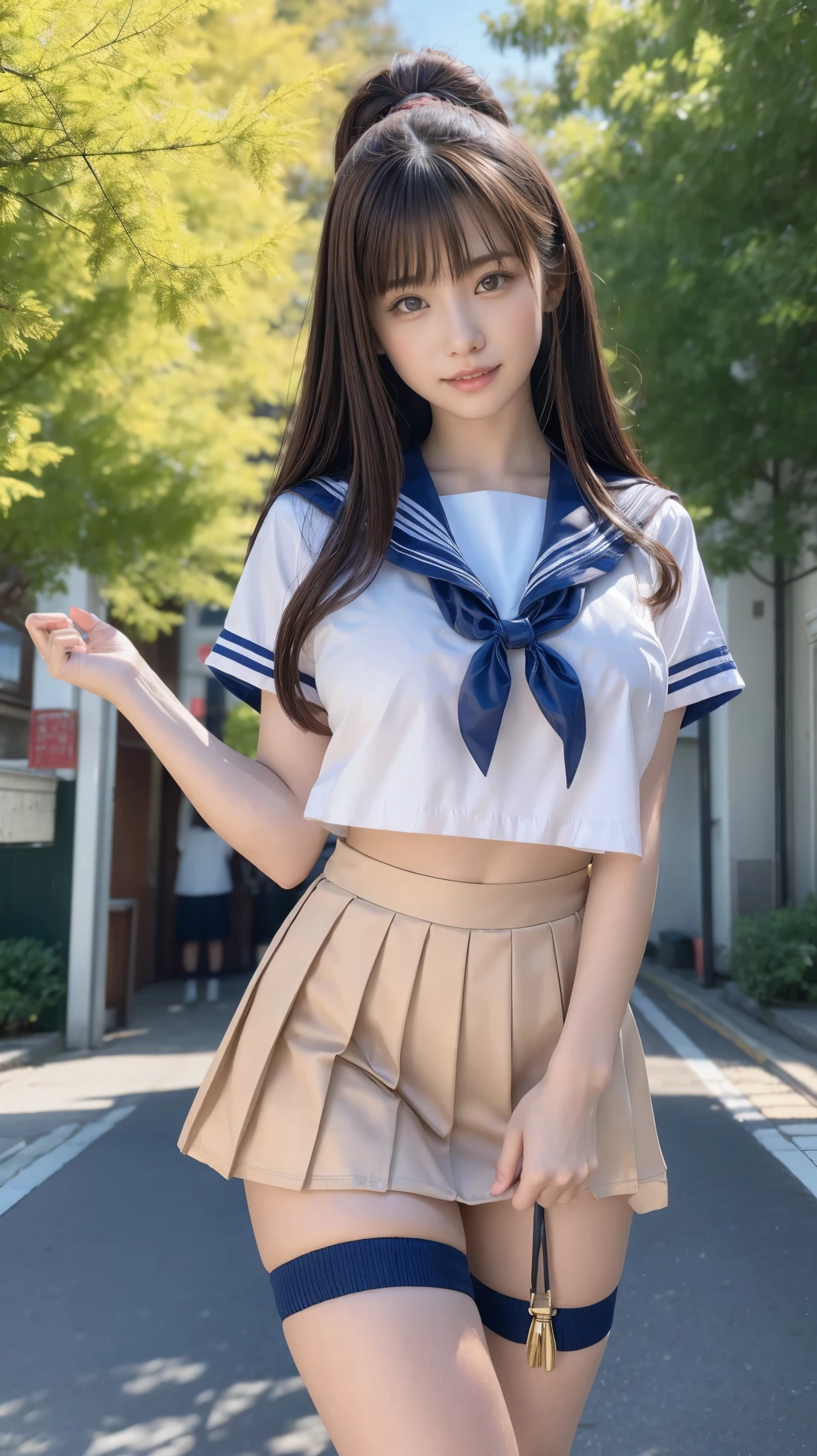 ((Masterpiece(1.3)、Best Quality、Highest quality(8k)、Ultra-high resolution、Extremely detailed))、Japanese、beautiful girl、High school girls、Idol、Golden ratio body shape、E Cup、Narrow waist、Firm Hips、Sailor suit、mini skirt、Knee-high socks、Brown Loafers、Tree-lined street in front of the school in early spring、