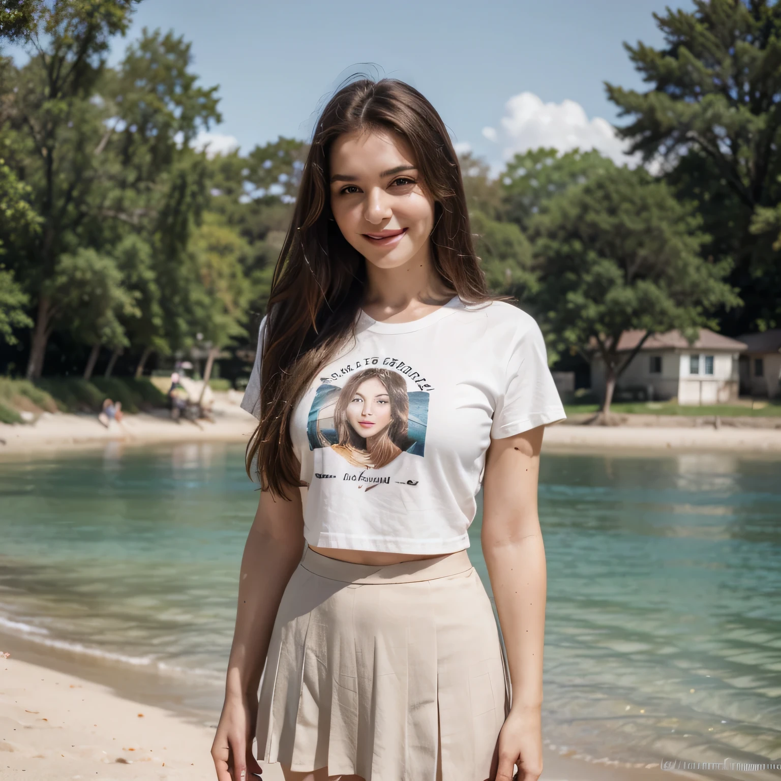 (masterpiece:1.2), (photorealistic:1.2), (best quality),((realistic:1.3)), (detailed skin:1.3), (intricate details), 1girl, dramatic, quality,realistic lighting, ponytail, small breasts,1girl,aalisa, long hair, blunt_bangs, brown hair, grey eyes, smile,looking at viewer, solo, highres, beach, Raise hands, Thigh, Nice hands, Detailed hands, detailed eyes, good eyes, T-shirt Written "w", levis, Sit on a rock