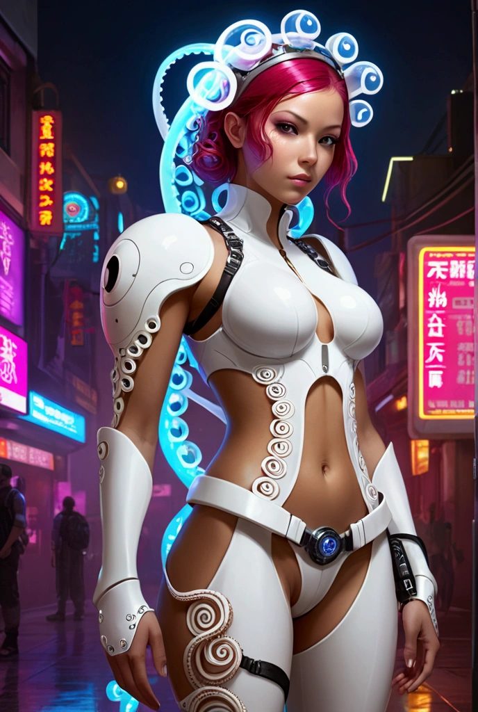 (((Pink and dark blue Suit))), (((devilish smile))), (((melhor qualidade: 1.4))), (((Pink hair))), (((DuneWalker))), (((post-apocalypse))), (Unbeatable masterpiece), (hiper HD),(CG 8k hiper-realista), 1Garota armada em um mundo futurista usando roupas coloridas e modernas. Corte de cabelo ultra moderno, perfect body with robotic parts, seios grandes, bunda perfeita, muscles without exaggeration, rosto lindo com olhos azuis penetrantes, add textures to clothes and create something different from the usual, add accessories like garter belt, espartilho e luvas com listras, pele bronzeada e com brilho de molhado, industrial environment with giant heavy machines, Intricate machinery and giant robot parts