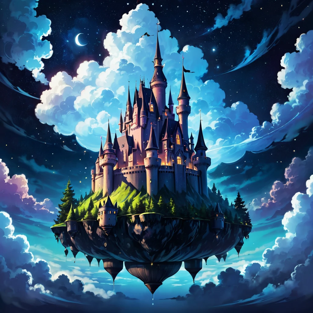 Floating castle in the night sky, castle on clouds, magical, dark art, 