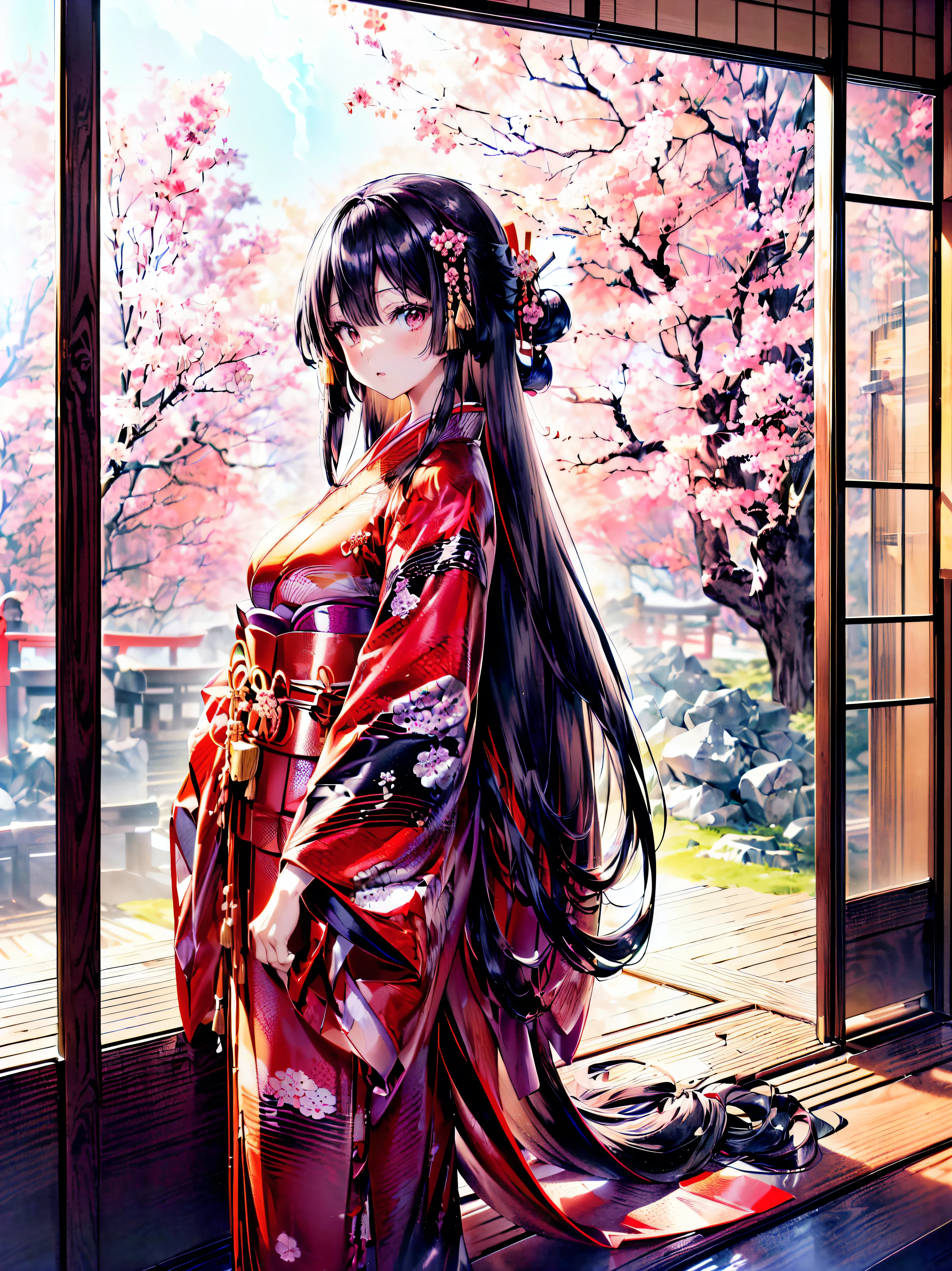 (solo japanese girl:1.3), (Straight long hair, Shiny and glossy black hair:1.3), traditional Japanese clothing, Traditional Japanese Kimono, (layered kimono), Hakama, (((worn kimono over another kimono))), Floating Fabric, indoor, Plank floor, (huge breasts), from front, cowboy shot, (((ultra detailed))), (((ultra resolution))), (((best quality))) (moe animation art style:1.5), 