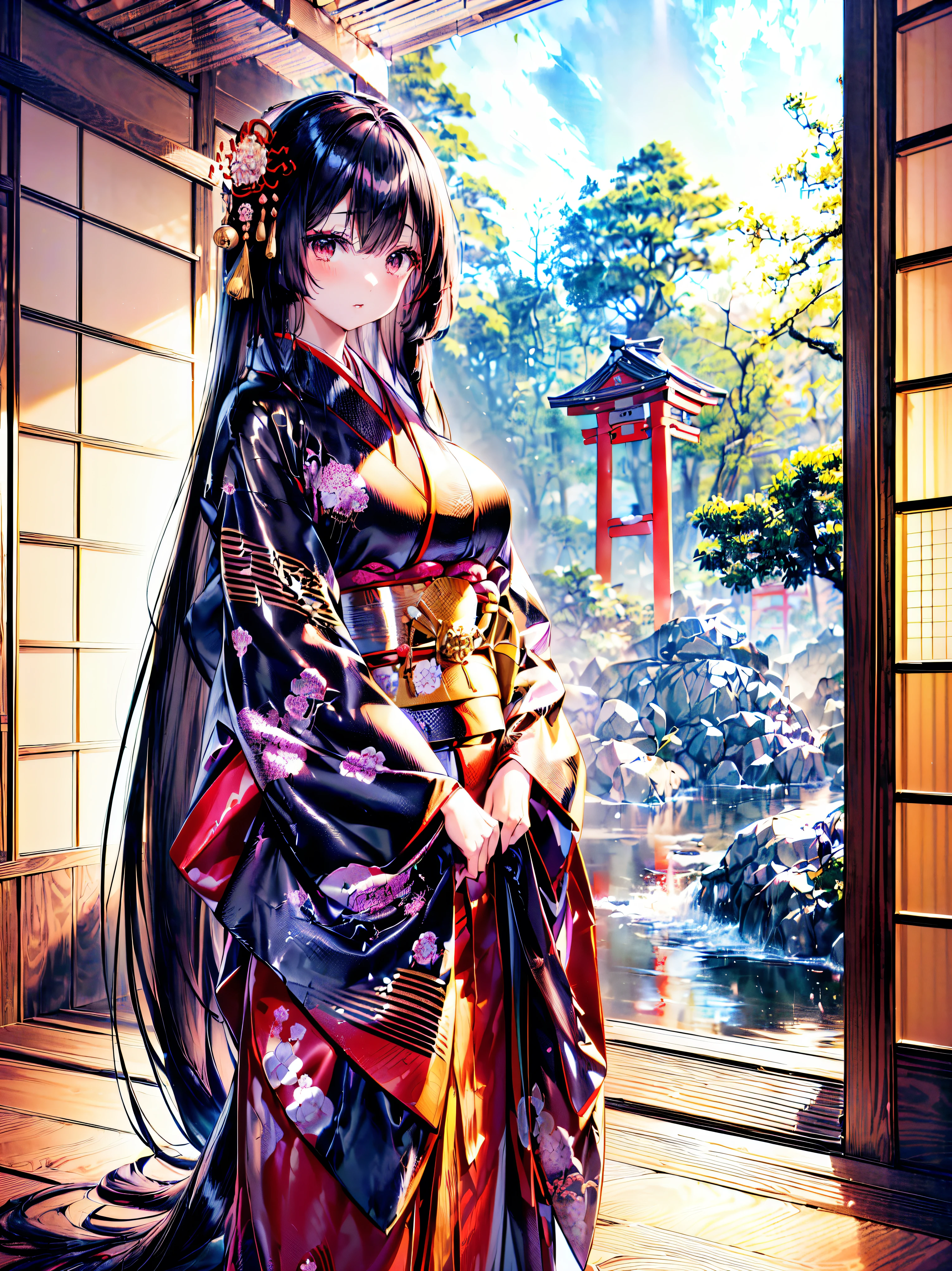 (solo japanese girl:1.3), (Straight long hair, Shiny and glossy black hair:1.3), traditional Japanese clothing, Traditional Japanese Kimono, (layered kimono), Hakama, (((worn kimono over another kimono))), Floating Fabric, indoor, Plank floor, (huge breasts), from front, cowboy shot, (((ultra detailed))), (((ultra resolution))), (((best quality))) (moe animation art style:1.5), 