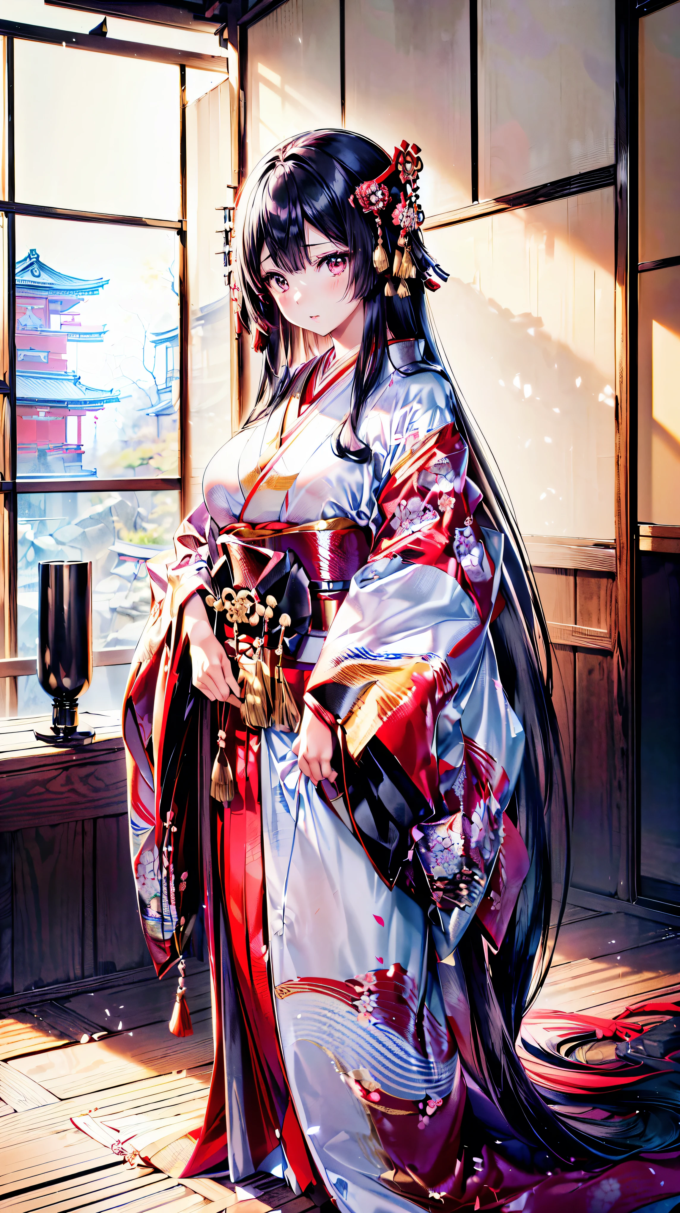 (solo japanese girl:1.3), (Straight long hair, Shiny and glossy black hair:1.3), traditional Japanese clothing, Traditional Japanese Kimono, (layered kimono), Hakama, (((worn kimono over another kimono))), Floating Fabric, indoor, Plank floor, (huge breasts), from front, cowboy shot, (((ultra detailed))), (((ultra resolution))), (((best quality))) (moe animation art style:1.5), 