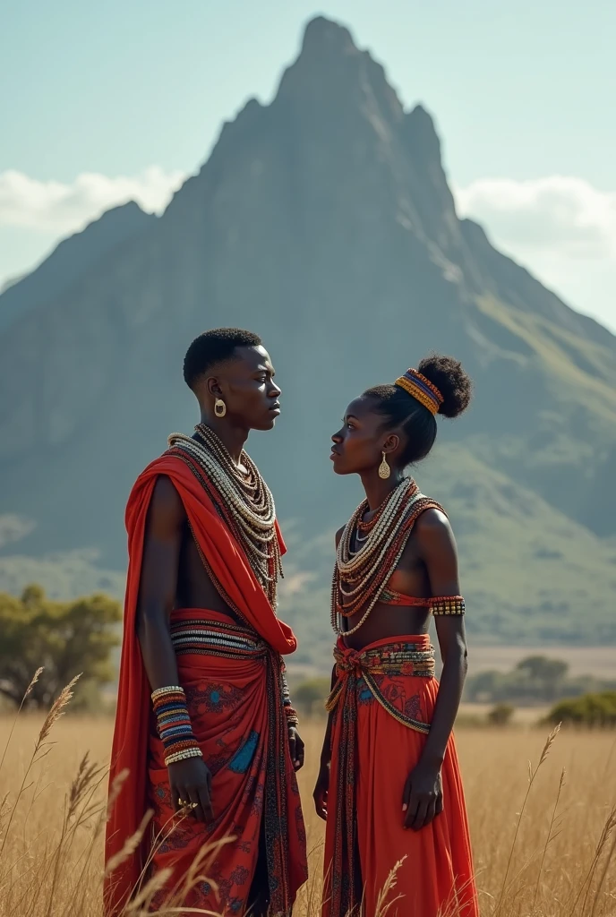 Diallo (man)kneeling under the baobab, looking at Amina (wife)with sincerity and love.. (Maasai)