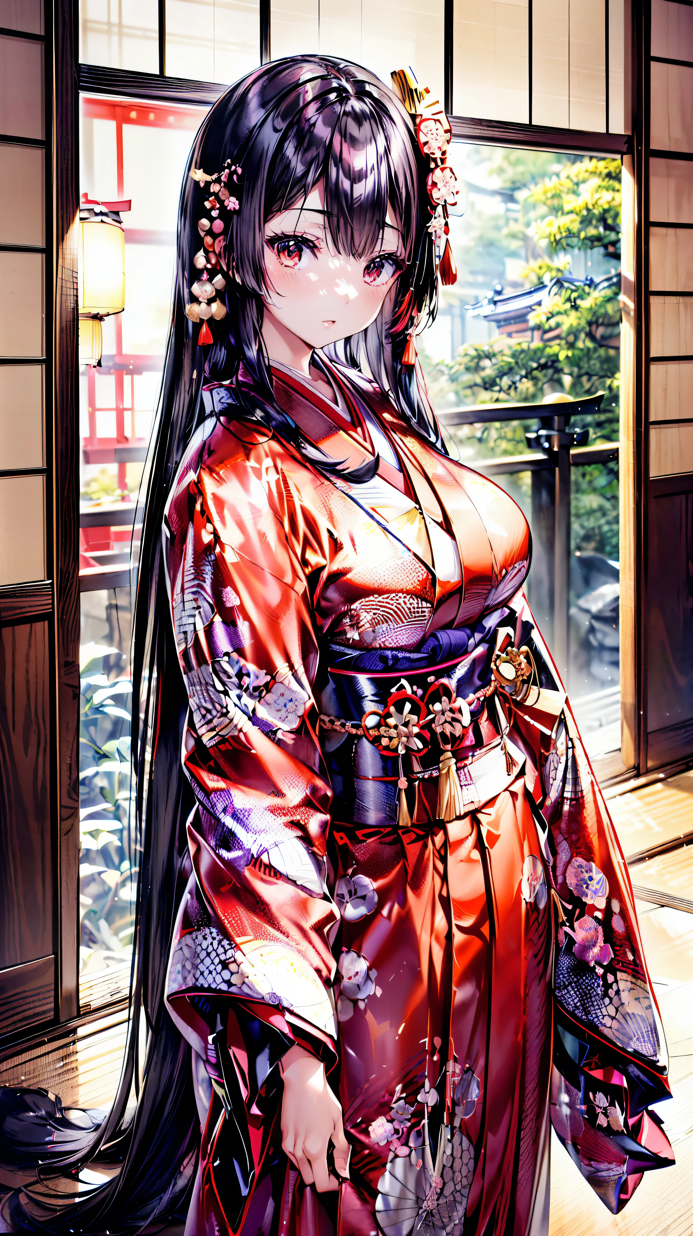 (solo japanese girl:1.3), (Straight long hair, Shiny and glossy black hair:1.3), traditional Japanese clothing, Traditional Japanese Kimono, (layered kimono), Hakama, (((worn kimono over another kimono))), Floating Fabric, indoor, Plank floor, (huge breasts), from front, cowboy shot, (((ultra detailed))), (((ultra resolution))), (((best quality))) (moe animation art style:1.5), 