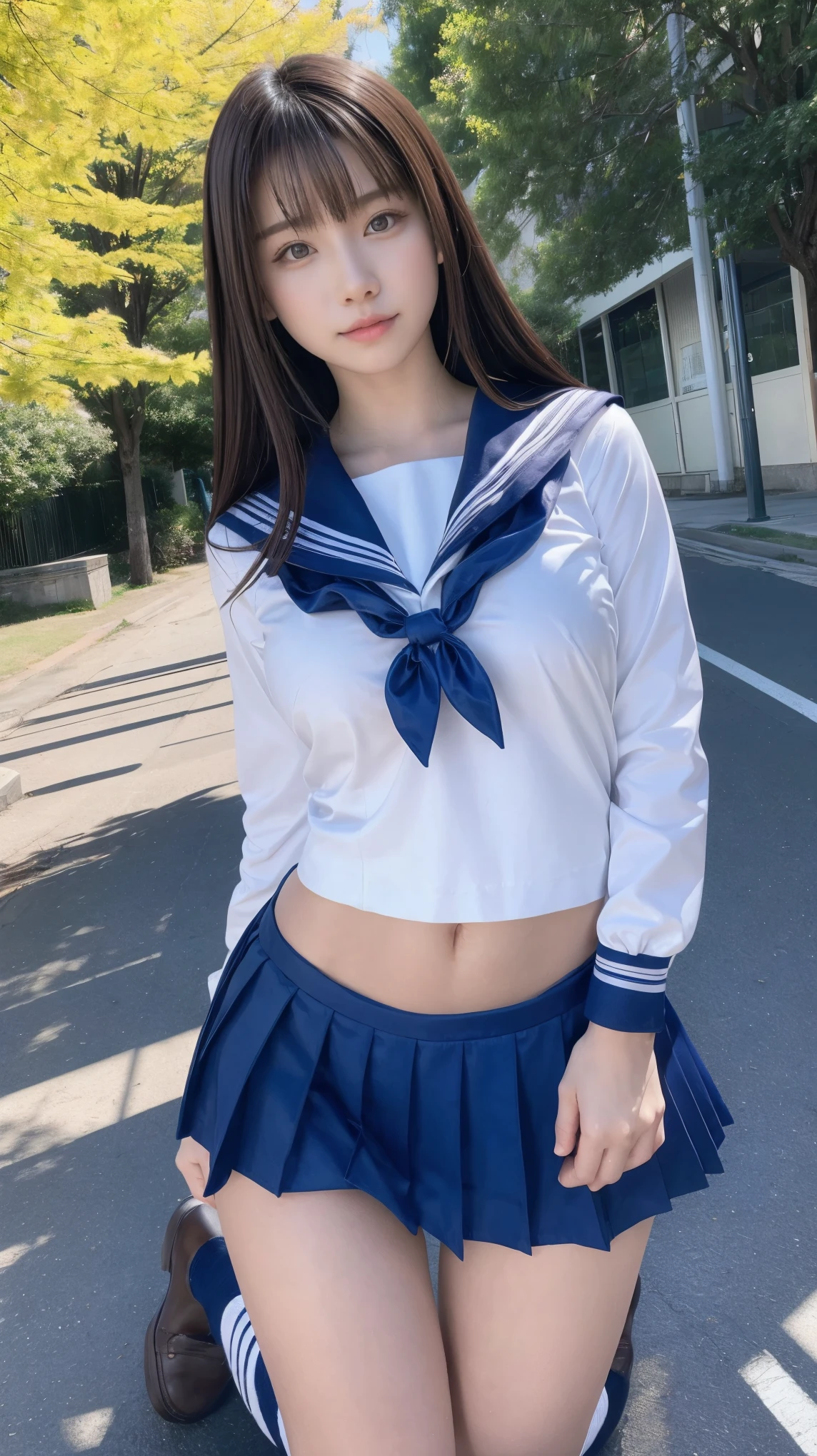 ((Masterpiece(1.3)、Best Quality、Highest quality(8k)、Ultra-high resolution、Extremely detailed))、Japanese、beautiful girl、High school girls、Idol、Golden ratio body shape、E Cup、Narrow waist、Firm Hips、Sailor suit、mini skirt、Knee-high socks、Brown Loafers、Tree-lined street in front of the school in early spring、