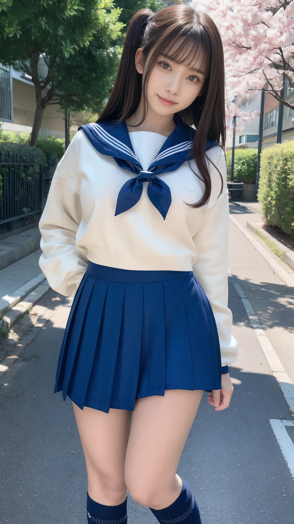 ((Masterpiece(1.3)、Best Quality、Highest quality(8k)、Ultra-high resolution、Extremely detailed))、Japanese、beautiful girl、High school girls、Idol、Golden ratio body shape、E Cup、Narrow waist、Firm Hips、Sailor suit、mini skirt、Knee-high socks、Brown Loafers、Tree-lined street in front of the school in early spring、