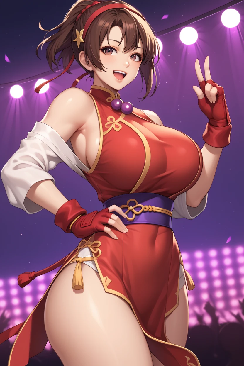 score_9, score_8_up, score_7_up,score_6_up, score_5_up, score_4_up , 1girl, solo, huge breasts, ysakazaki, (dougi), spandex, fingerless gloves, , brown hair, brown eyes, single braid,, AthnaKOFXV, purple hair, purple eyes, short hair, red hairband,pearl (gemstone), off-shoulder, white sleeves, fingerless gloves, short china dress, thighs, , maishirandg,, pelvic curtain, japanese clothes, sleeveless, sash, no bra, obi, fingerless gloves, , Brown hair, brown eyes, high ponytail, happy, cowboy shot, stage lights, concert, stage