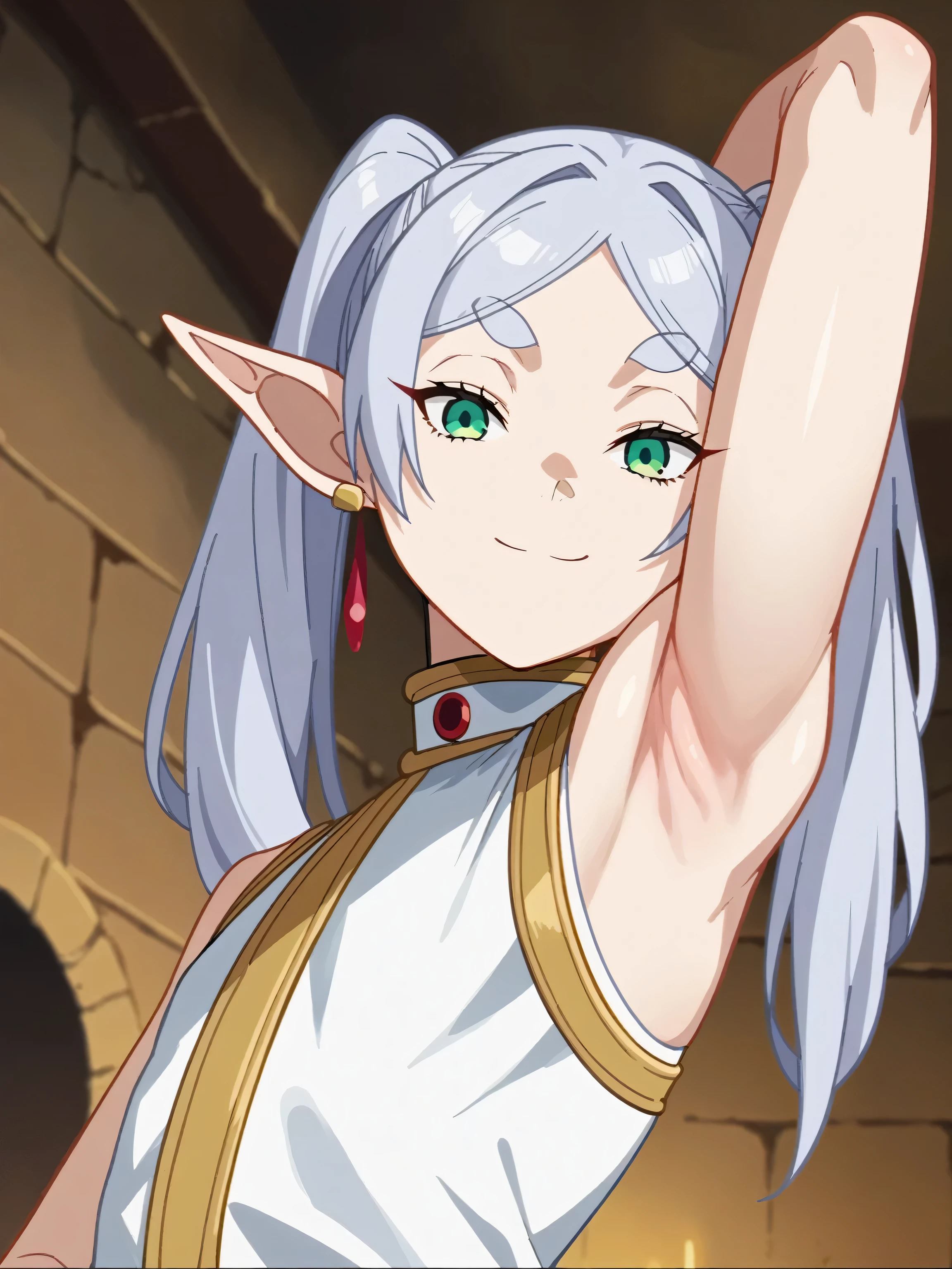 score_9, score_8_up, score_7_up, source_anime, anime screencap, indoors, dungeon, cave, 1girl, solo, frieren, green eyes, grey hair, twintails, thick eyebrows, pointy ears, earrings, flat chest, white outfit, stripped outfit, black stripes, sleeveless, bare shoulders, bare arms, looking at viewer, smile, closed mouth, arm behind head, armpit, from side, from below 