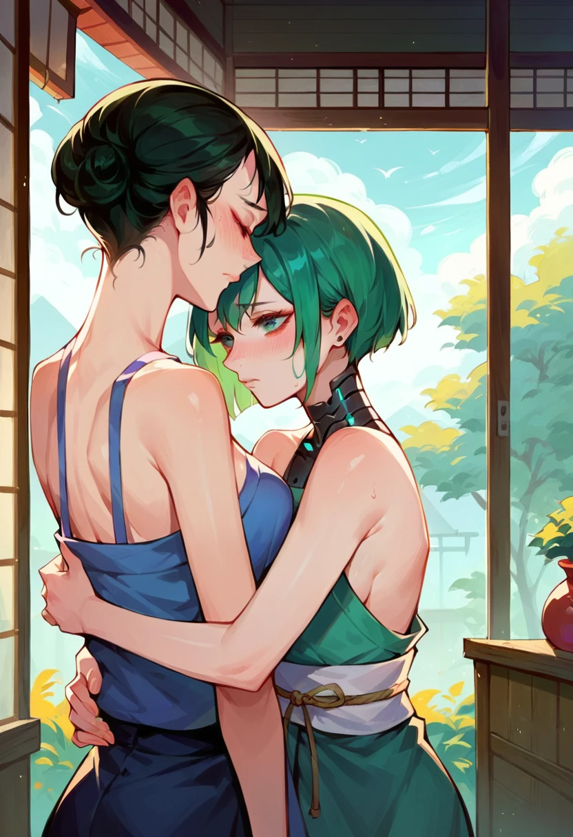 2 women having fun, lascivious:1,2, hentai:1,2, NSFW:1,2, lesbian yuri:1,2, kissing, blushing, wearing regattas and skirts, hot summer day, small breasts, perfect anatomy, perfect arms,