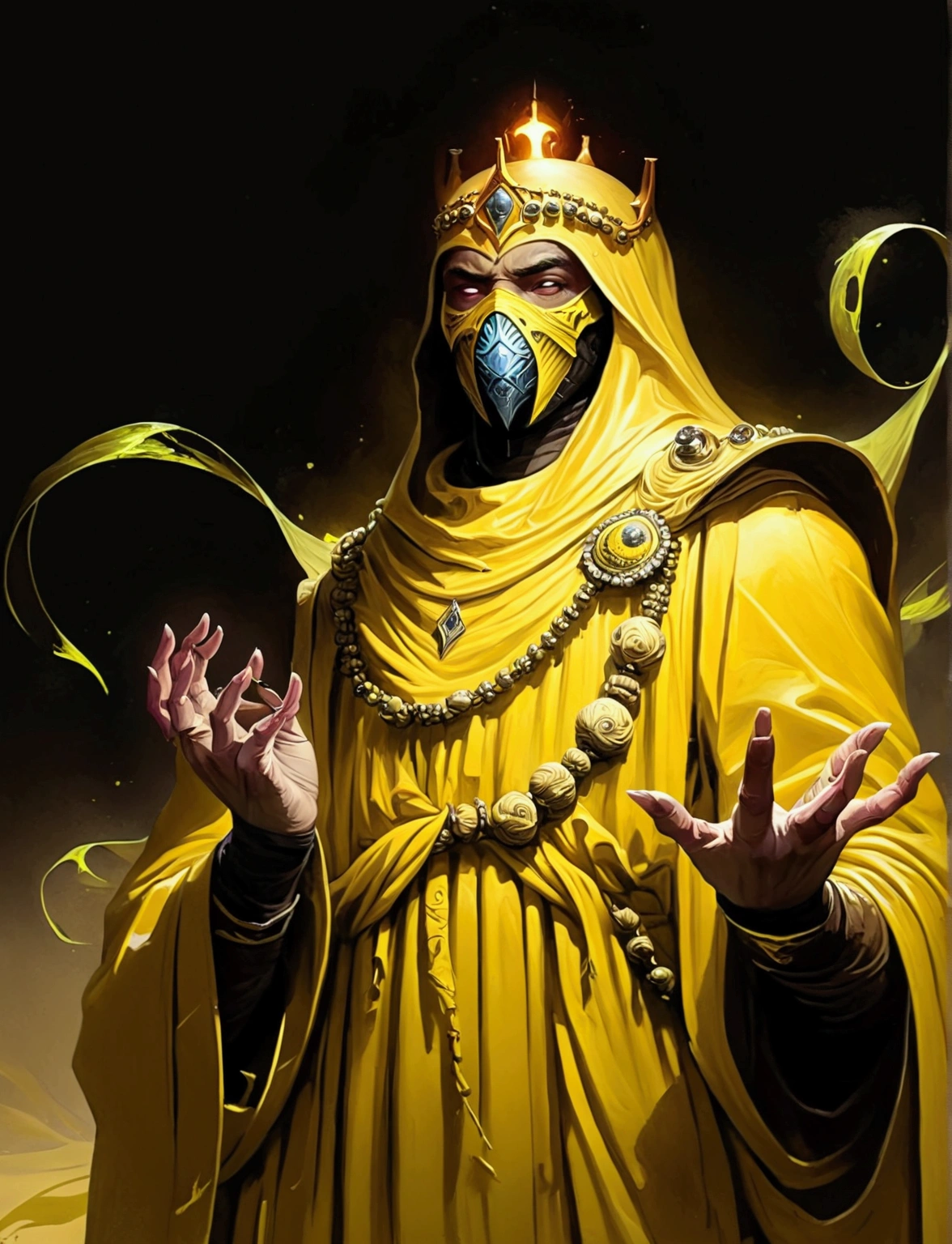 A painting of hastur the king in yellow, yellow-robed, beautiful male ,king in yellow, hastur the king in yellow, , portrait of hastur the king in yellow, the king in yellow,honoring hastur the king in yellow artwork, portrait of the god hastur,hastur,galactic deity, concept art of hastur the king in yellow, peter mohrbacher style,