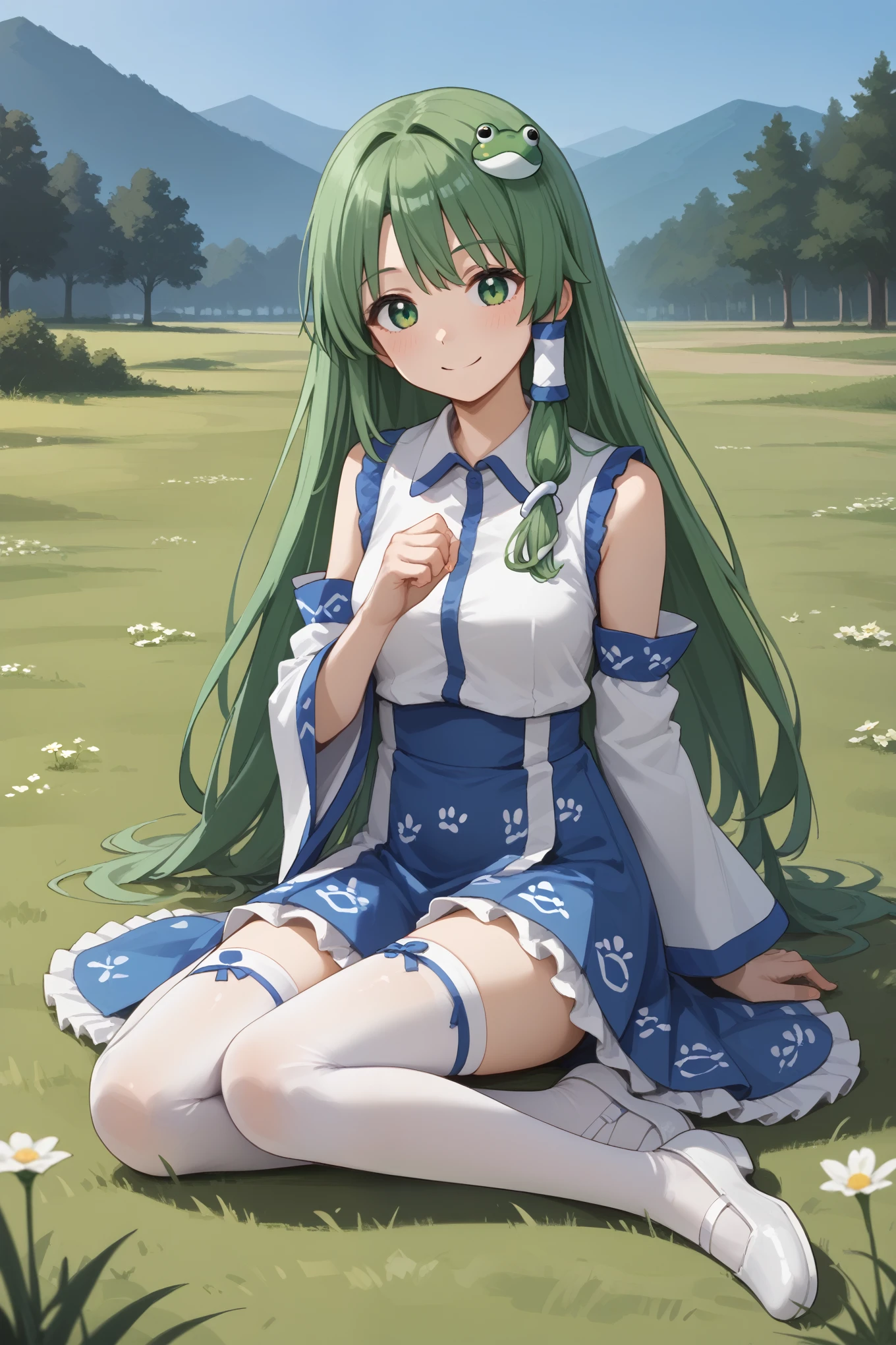 score_9_up,score_8_up,score_7_up,score_6_up,source_anime,masterpiece,best quality,good_hands,
BREAK 1girl,solo,kochiya sanae,green hair,long hair,green eyes,frog hair ornament,hair tubes,snake hair ornament,collared shirt,(white shirt),detached sleeves,wide sleeves,blue skirt,frilled skirt,white footwear,white thighhighs,long legs,
BREAK grass,
BREAK full body,sitting on grass,light smile,