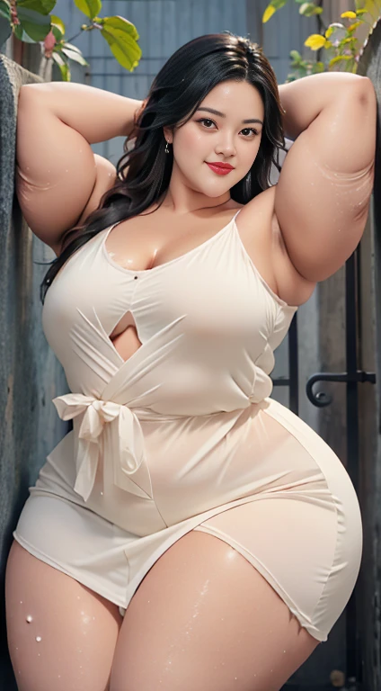 6 black haired women, fascinating look, brown eyes, wrinkles appear on the face, ((Sweaty:1.2)), She is wearing a very sexy white dress.、The sagging teeth are exposed. seductive pose, 은근히 sexy pose, ((Chrotch exposed)), Open leg, Tied Hair, sexy lips, red lips, front shot, highlighted 8k, Erase background, realistic, detailed background