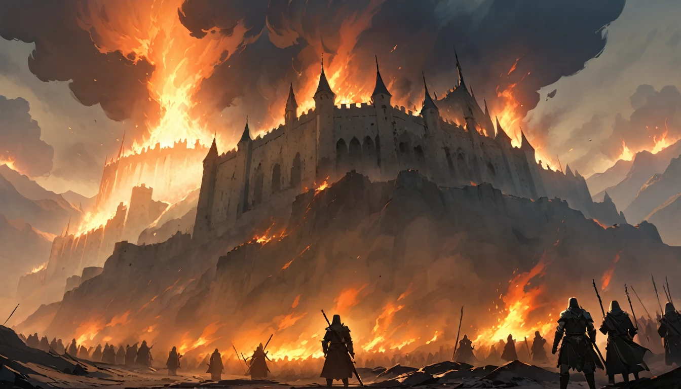 Craft a captivating illustration featuring the Knights of the Silver Cross, spectral figures in ghostly armor, standing on a hill and gazing solemnly at a distant, ruined castle. The castle should be engulfed in flames, with towering plumes of smoke billowing into the sky. The ground around the knights should be littered with burned banners and discarded swords, the remnants of a fierce battle. Capture the spectral knights' sense of loss and duty as they survey the destruction below, their presence shrouded in an aura of mysticism and solemnity