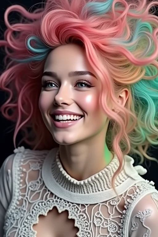 Score_9,score_8_up,score_7_up, beautiful lady, (freckles), big smile, brown hazel eyes, Ponytail, dark makeup, hyperdetailed photography, soft light, head and shoulders portrait , colourful gradient hair, highlights,>