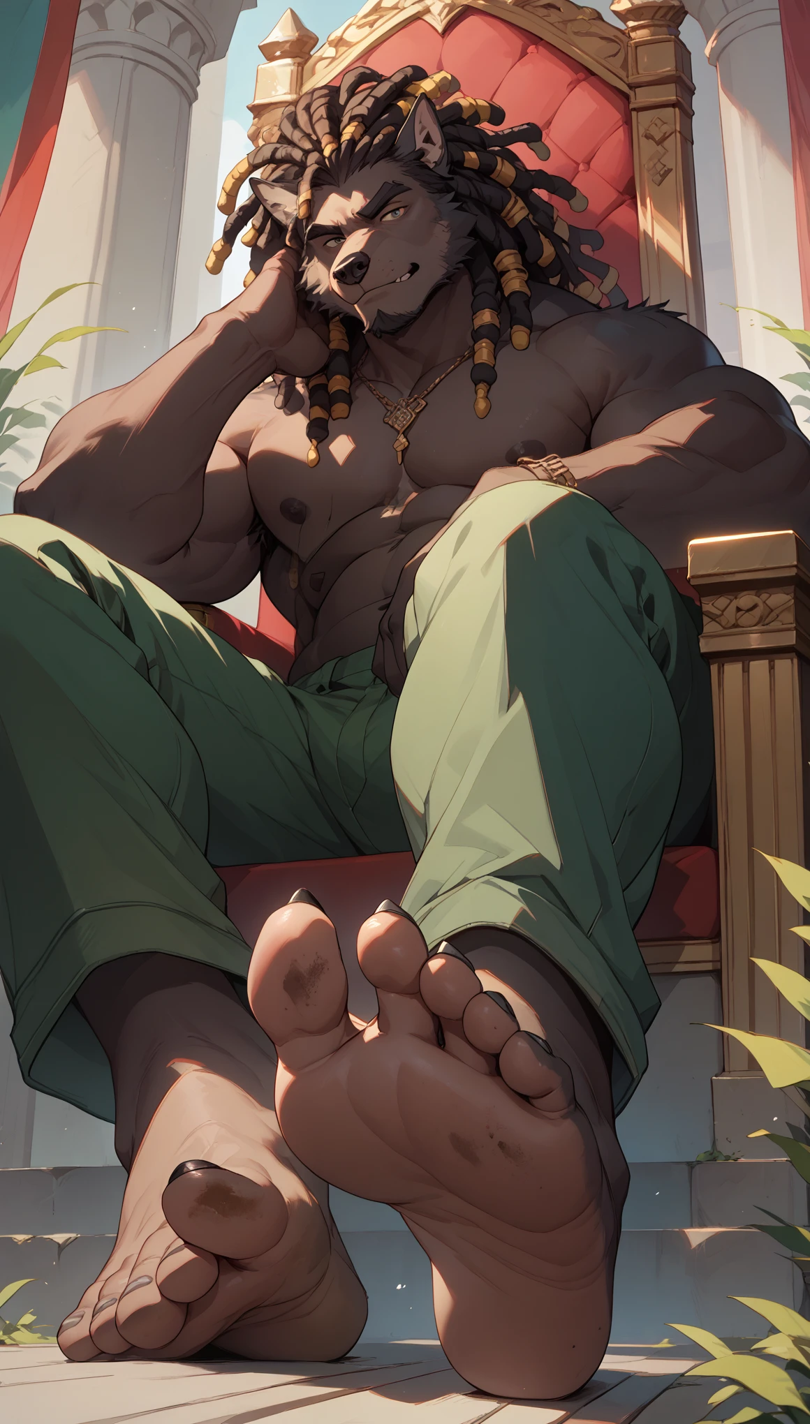 big, furry, muscular male, black wolf, dreadlocks hair, mature man, sitting on throne, barefoot, green pants, topless, foot focus, dirty feet, visible soles, low angle view