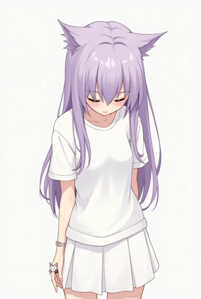 Masterpiece,Top quality,super detailing,Long lavender hair,Big eyes,The face is slightly red,the shy,Nervous,White T-shirt,white panties,Cat ears,a cat tail,Keep your mouth closed,Background,rays of sunshine