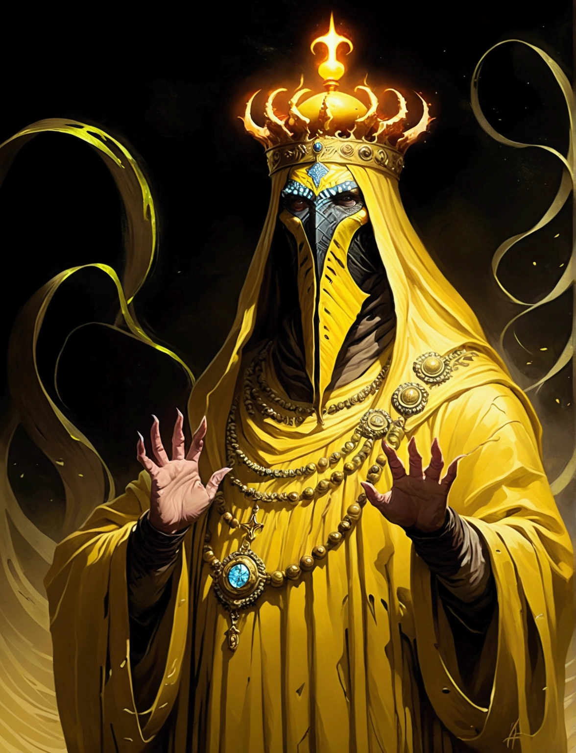 A painting of hastur the king in yellow, yellow-robed, beautiful male ,king in yellow, hastur the king in yellow, , portrait of hastur the king in yellow, the king in yellow,honoring hastur the king in yellow artwork, portrait of the god hastur,hastur,galactic deity, concept art of hastur the king in yellow, peter mohrbacher style,