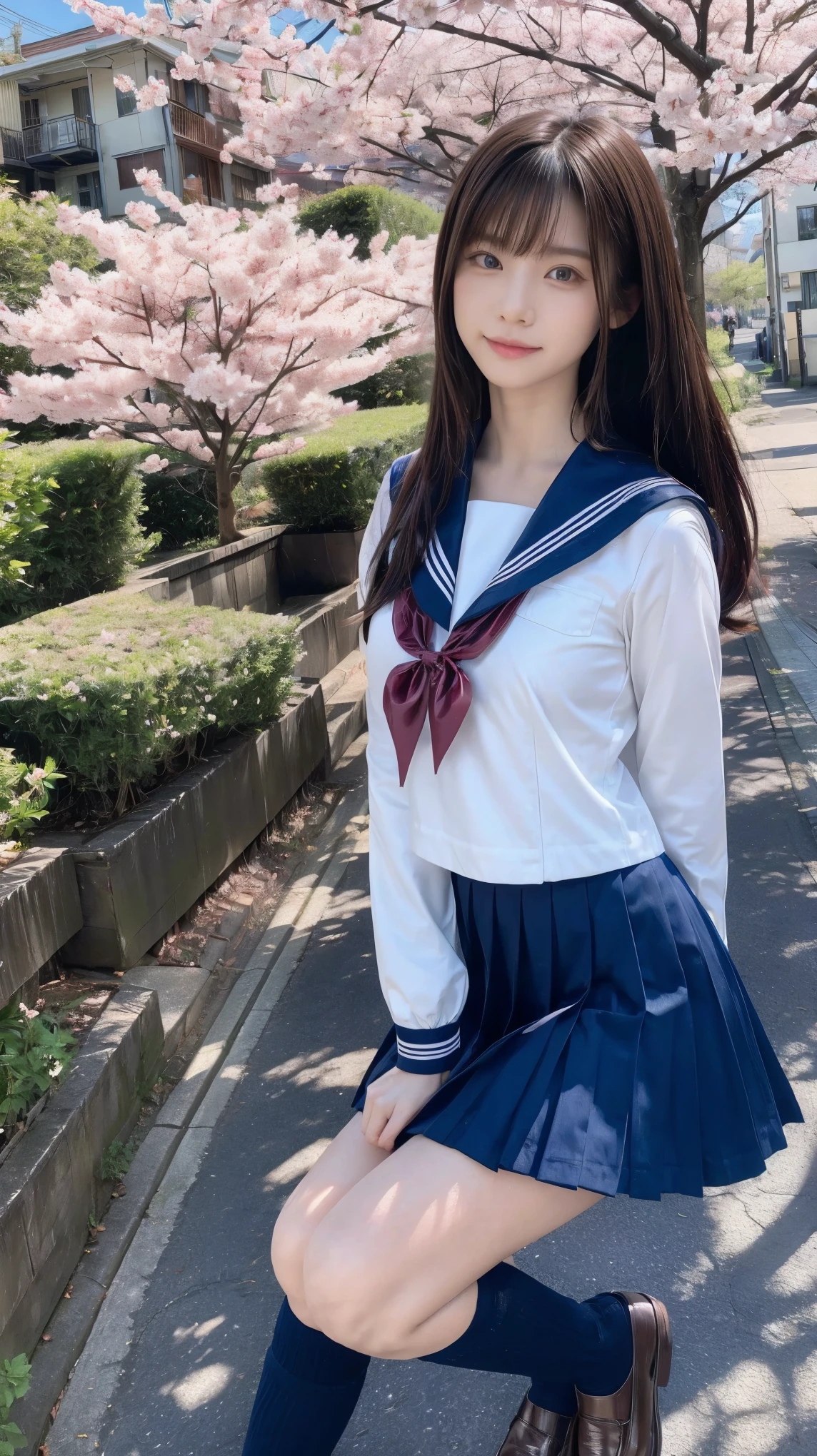 ((Masterpiece(1.3)、Best Quality、Highest quality(8k)、Ultra-high resolution、Extremely detailed))、Japanese、beautiful girl、Sense of clarity、High school girls、Idol、Golden ratio body shape、E Cup、Narrow waist、Firm Hips、Sailor suit、mini skirt、Knee-high socks、Brown Loafers、Tree-lined street in front of the school in early spring、Cherry blossom trees、