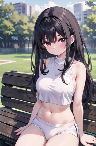 masterpiece, Best Quality, High resolution, , Long Hair, Black Hair, Large Breasts, Exposing shoulders, Sportswear, Play sports often, Crop top, White shirt, abdomen, White bloomers, White panties, Thighs, Sitting, Holding a bottle, sweat, bench, Outdoor