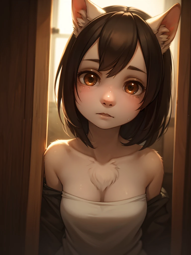 ((Masterpiece)), (Anime:1.3), ((best quality)), (RAW photo:1.2), (Professional Photography:1.3), (super detail), (12 years old), 8K, cinematic lighting, unruly hair, medium hair, (exposed naked nipples:1.3), (detail of nipples), (portrait), naked Pudgy body, ((Flat chest)), (place both hands on belly), laughing, (open mouth), Textured skin, cat ears, pale brown hair, Cute Beautiful girl, BREAK, ((best quality)), after rain, ((in Luxurious brothel)), slum townscape,