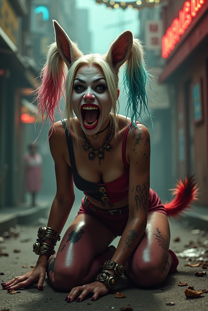 [nudity, explicit] NSFW MARGOT ROBBIE, psychopathic laugh, pointy breasts, lipstick and makeup blurred, white hair tied up and divided into blue and pink, sexy (((NUDE BREASTS))), ripped short shorts, black bracelet, black choker, torn socks, white sneakers, dark city at night, dark alley, newspapers on the floor, empty street, city abandons, (photo with better quality, a masterpiece, sensual,  ultra detailed, ultra realistic, depth of field, HD, photograph taken by Sony R7 camera with 85mm lenses), realistic style