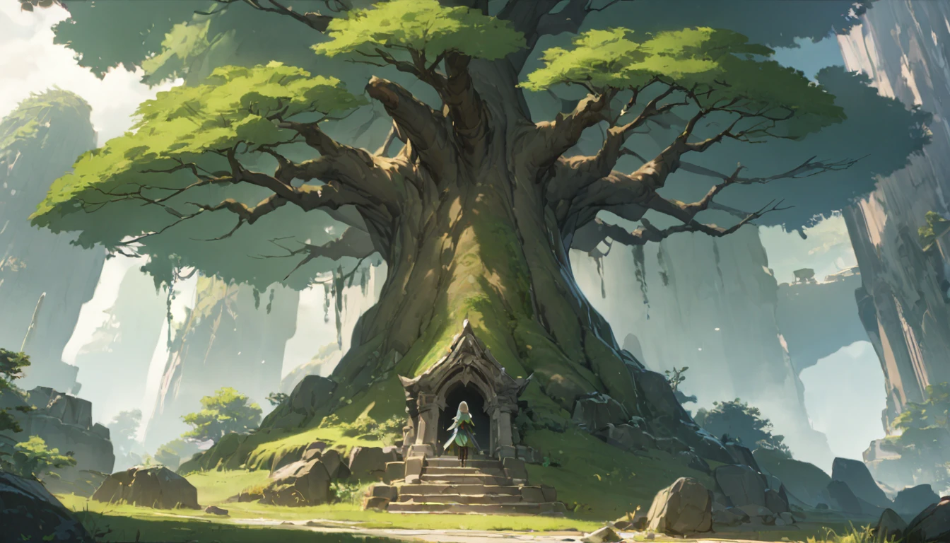 (​masterpiece、4k,8k,)、Fantasy world、You can see a large tree、Remains of old ruins around、In front of the big tree is an elven wizard、FULL BODYSHOT、