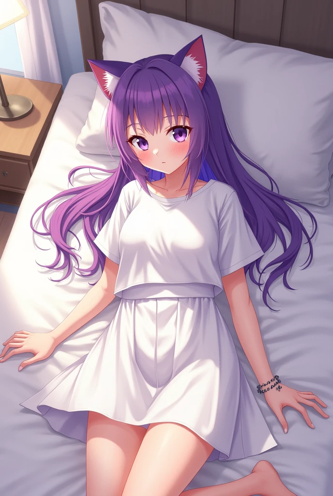 Cute, chibi, thin legs, flat chest, bottomless, sleeping, bed, asleep, peaceful, wolf ears, fluffy tail, bottomless, long purple hair, purple tail, spread legs