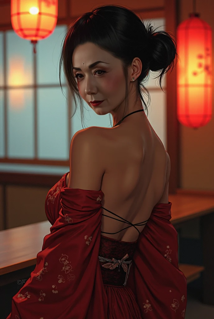 Best quality, high resolution, 1 sexy girl, red hair girl, sexy red kimono, perfect body, perfect face, mistress of dojo temple, theme sakura, night ambiance, dark ambiance , sakura, beautiful landscape