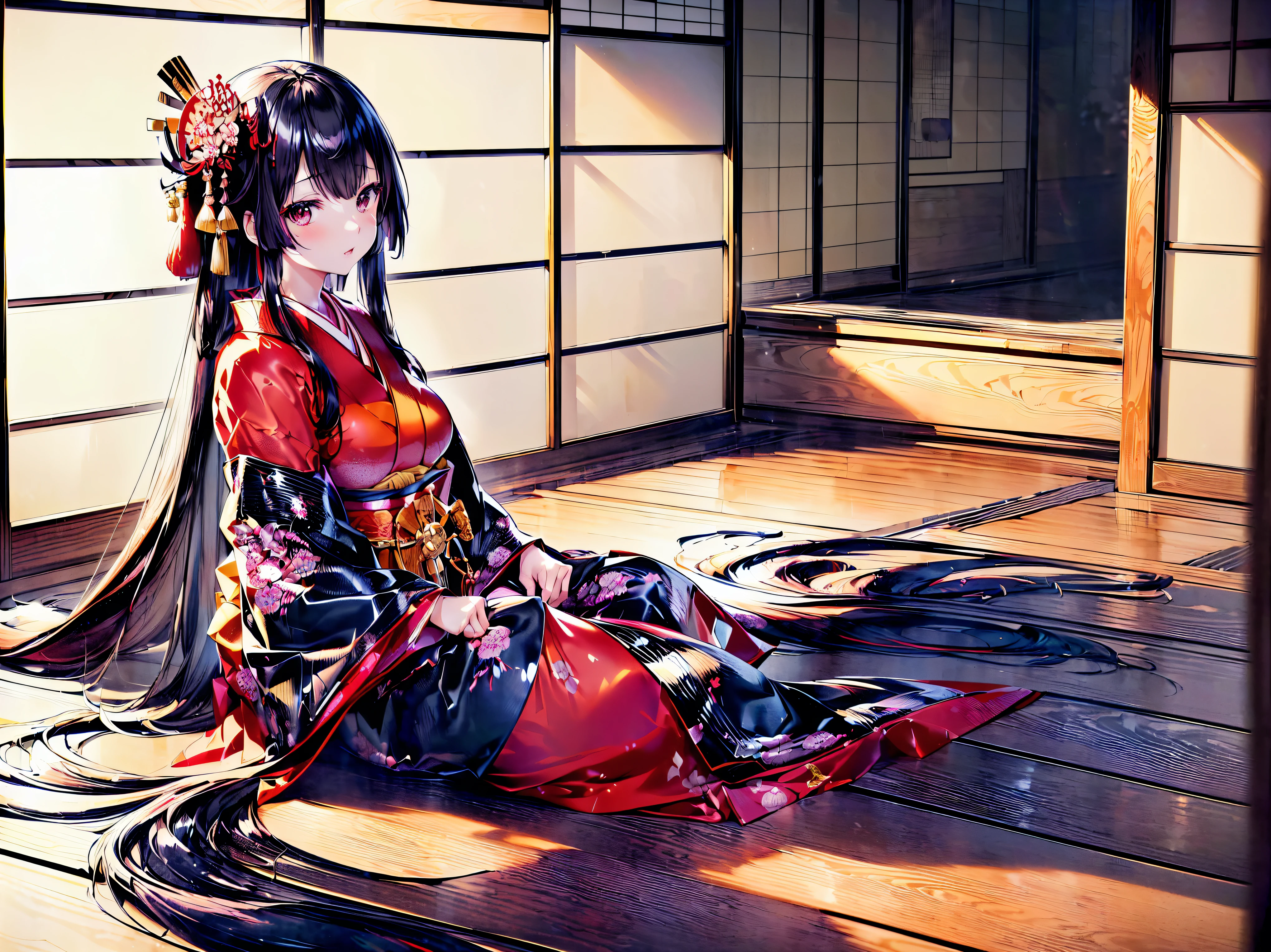 (solo japanese girl:1.3), (Straight long hair, Shiny and glossy black hair:1.3), traditional Japanese clothing, Traditional Japanese Kimono, (layered kimono), Hakama, (((worn kimono over another kimono))), Floating Fabric, indoor, Plank floor, sitting, (huge breasts), from front, cowboy shot, (((ultra detailed))), (((ultra resolution))), (((best quality))) (moe animation art style:1.5), 