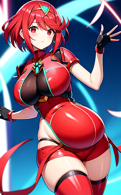 pyra \(xenoblade\), teen_1girl, loli, bangs, black gloves, breasts, red eyes, shout, earrings, eyelashes, fingerless gloves, floating hair, , gem, gloves, hair ornament, headpiece, jewelry, gigantic_breasts, leaning back, swimsuit, neon trim, official art, pose, red hair, saitou masatsugu, short hair, sidelocks, skin tight, solo, swept bangs, thighhighs, tiara, fantasy_town_background, underbust, xenoblade chronicles \(series\), (xenoblade chronicles 2), (spread_legs:1.1), fire_effect,dynamic_pose,fighting,light_smile, (plump:1.1), big_ass,huge_sword, hold_large_sword_hilt, covered_nipples, covered_pussy, fists,ponytail,beautiful_fingers,(solo:1.1), bare_shoulder,(shoulder_naked:1.2), nipple_jewel,