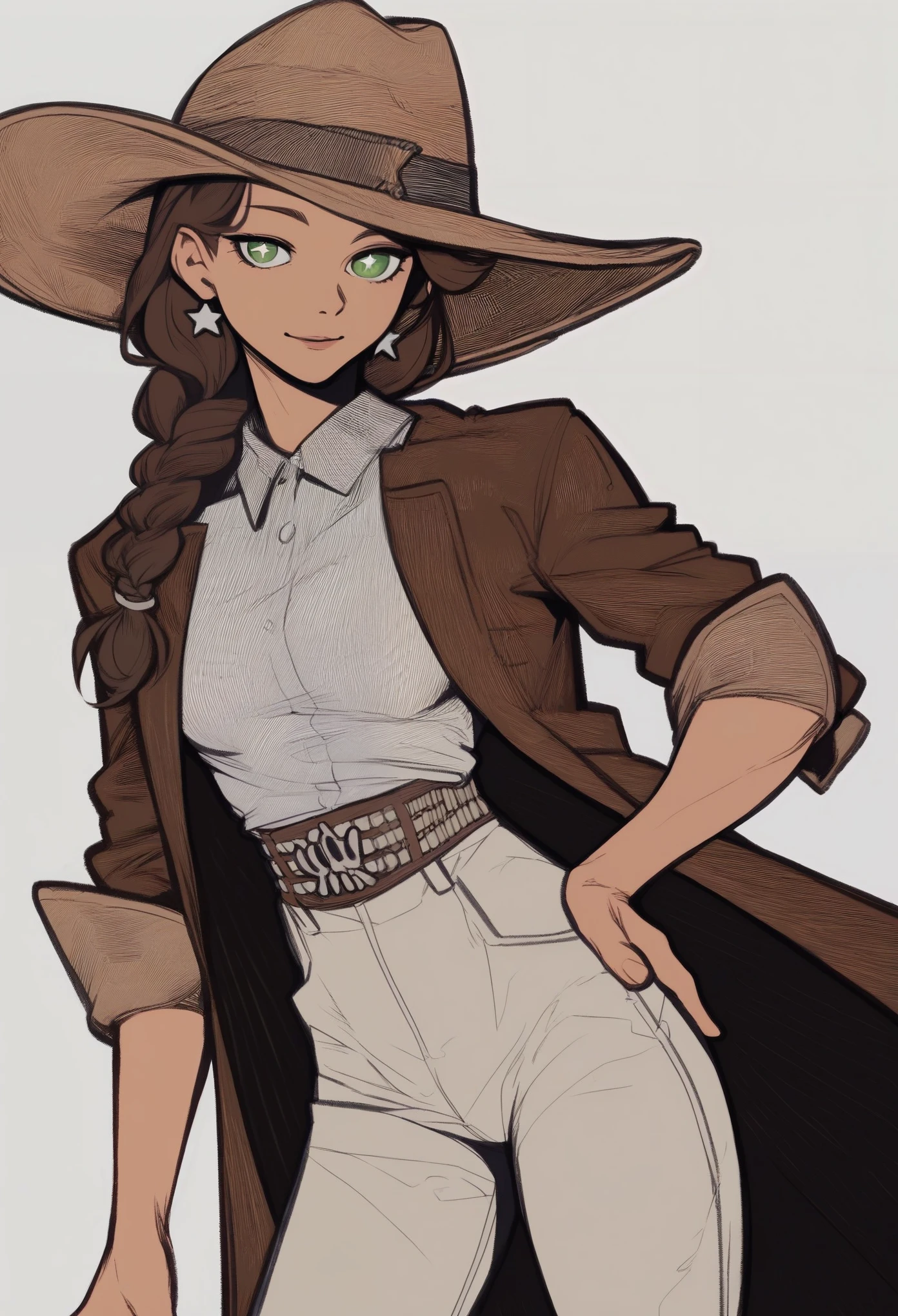 score_9, score_8_up, score_7_up, score_6_up, score_5_up, score_4_up, score bone nig,1girl, brown hair in braid over shoulder, green eyes, star shaped white pupils, brown fedora, brown waist coat and white shirt, light blue pants, cowboy boots, blue earrings, tipping hat, one hand on hip, swept bangs, warm shadows, realistic anatomy
