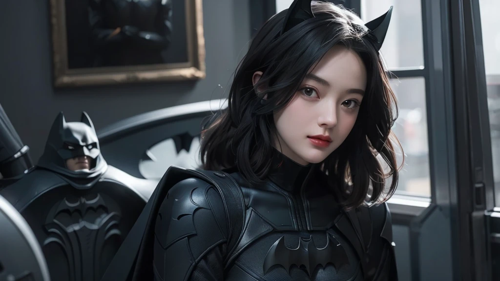 ８k quality、((best quality)), ((masterpiece)), (detailed), 1girl,Batman&#39;s Suit、Big Breasts、The areola is small、Pink nipples、Place your fingers on your nipples、Cute Japanese、woman、Light in your eyes,Accentuate the cleavage、Batman&#39;s Suit