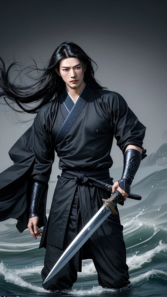 We need to make a black and white sketch inspired by the anime Demon slayer, in which tanjiro is fighting with his katana against a demon who is dressed in feudal Japanese clothing and is defending himself with his bare hands, I want there to be flashes of turquoise blue in the movement of the katana