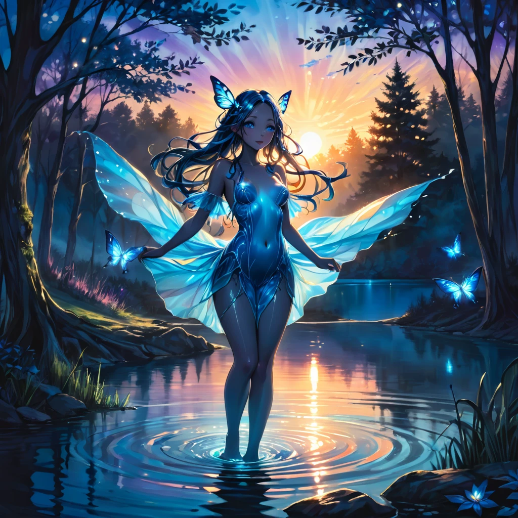 Blue light sunset, beautiful nymph coming out of the trees, magical lake, nightfall, dark art 